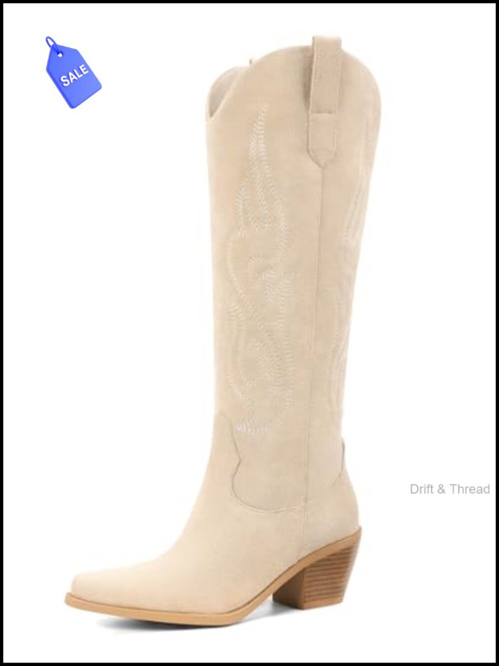 Knee High Wide Calf Cowboy Boots Faux Leather Pointed Toe Chunky Heel
